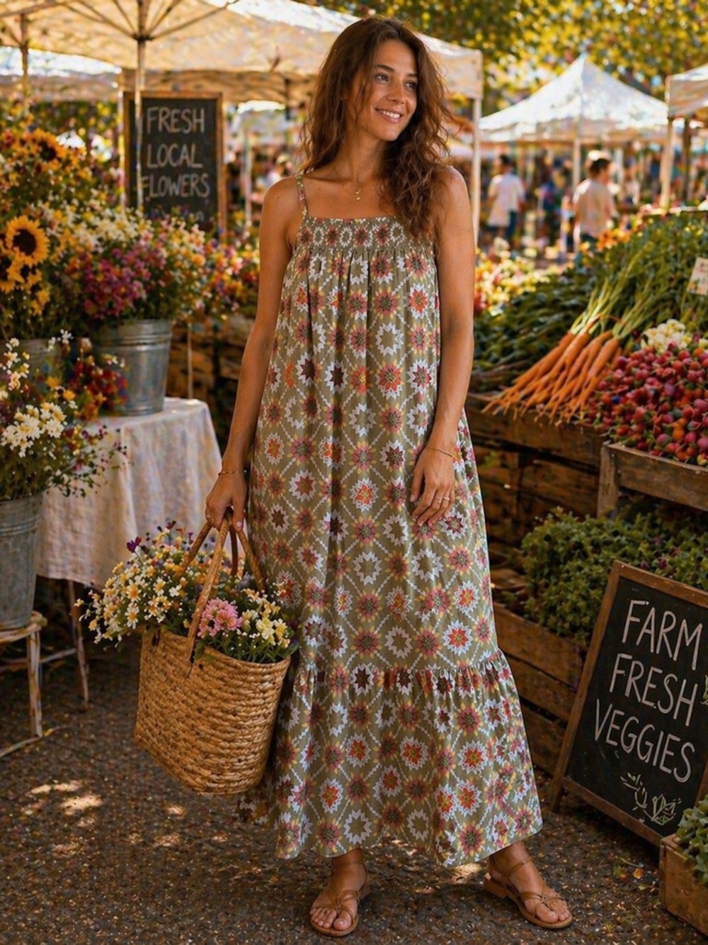 Prairie Farm Cottagecore Boho Country Star Quilt Print Sage Green Maxi Pinafore - Picture 2 of 11